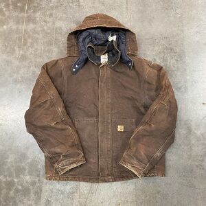 Carhartt J22 Duck Jacket Brown Hooded Workwear Distressed Mens XL